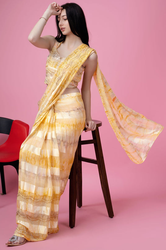 Imposing Satin Silk Fabric Ready To Wear Saree In Yellow Color