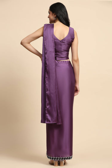 Alluring Purple Color Border Work Ready To Wear Satin Silk Saree
