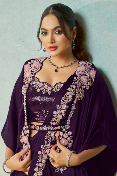 Purple Wedding Wear Satin Silk Border Work Readymade Saree