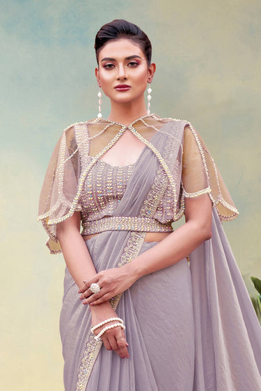Border Work Satin Silk Lavender Readymade Saree For Wedding Wear