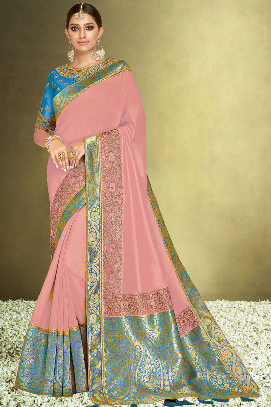 Charming Pink Color Satin Silk Fabric Saree In Function Wear