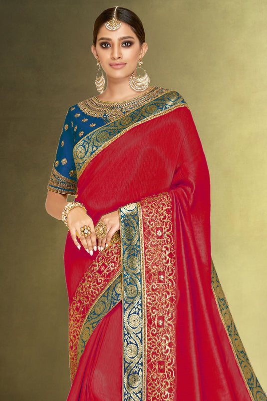 Mesmeric Red Color Function Wear Saree In Satin Silk Fabric