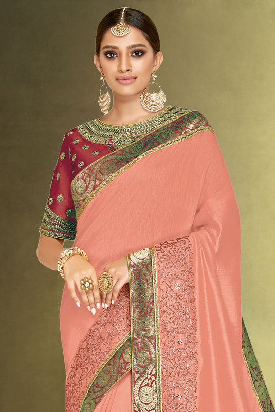 Excellent Satin Silk Fabric Peach Color Saree In Function Wear