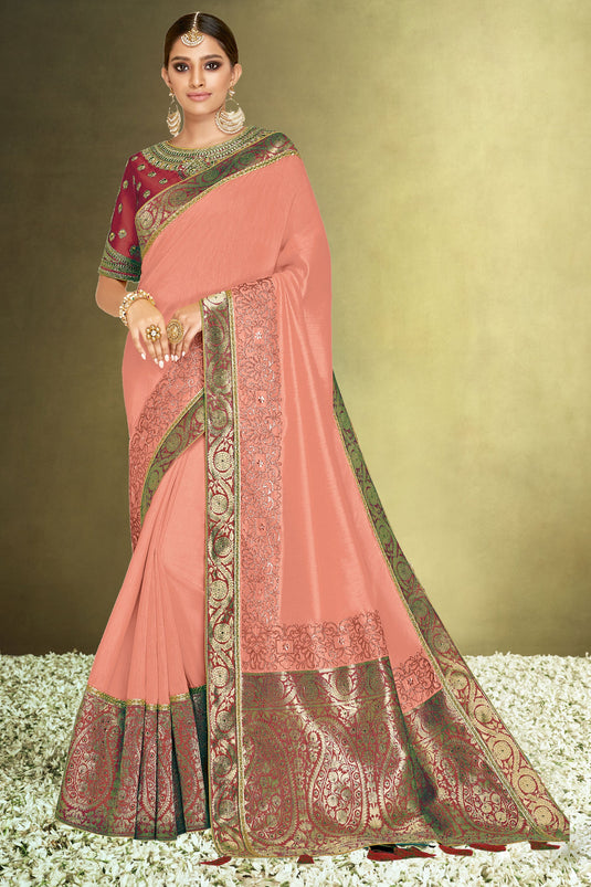 Excellent Satin Silk Fabric Peach Color Saree In Function Wear