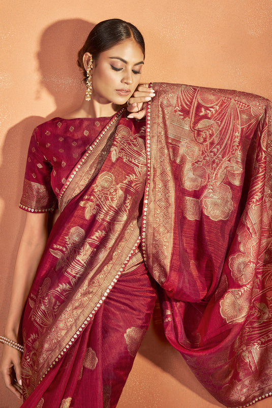 Red Color Fantastic Kanjivaram Two Tone Silk Fabric Saree With Weaving Work