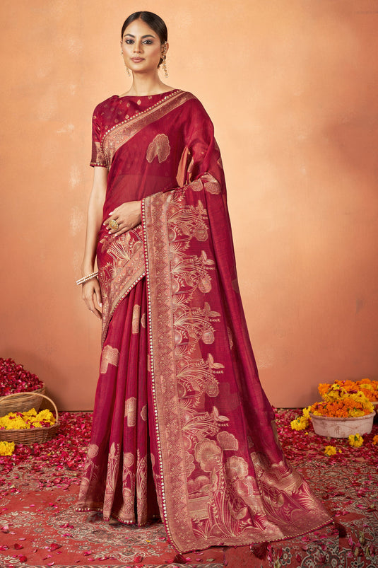 Red Color Fantastic Kanjivaram Two Tone Silk Fabric Saree With Weaving Work
