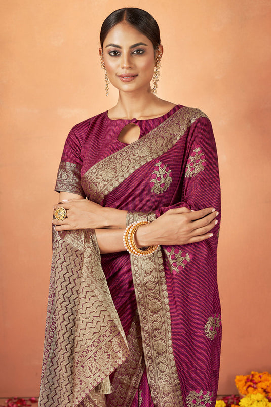 Appealing Weaving Work On Tusser Silk Fabric Saree In Maroon Color