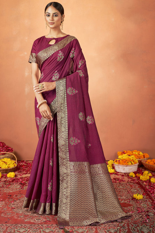 Appealing Weaving Work On Tusser Silk Fabric Saree In Maroon Color
