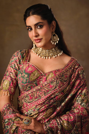 Traditional Rajwadi Multi Color Crepe Aari Embroidered Saree