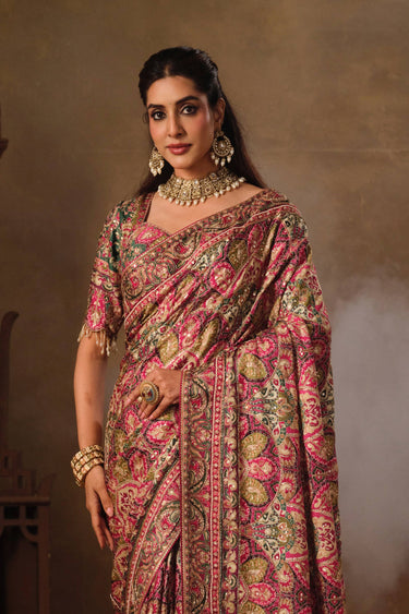 Traditional Rajwadi Multi Color Crepe Aari Embroidered Saree