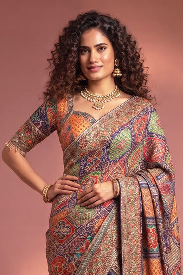 Epic Multi Color Crepe Heavy Handwork Bridal Look Saree With Readymade Blouse