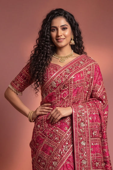 Royal Crepe Rani Traditional Heavy Hand Embroidered Wedding Saree