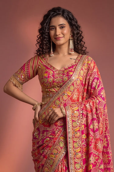 Elegant Crepe Designer Rani Handwork Sangeet Wear Saree With Blouse