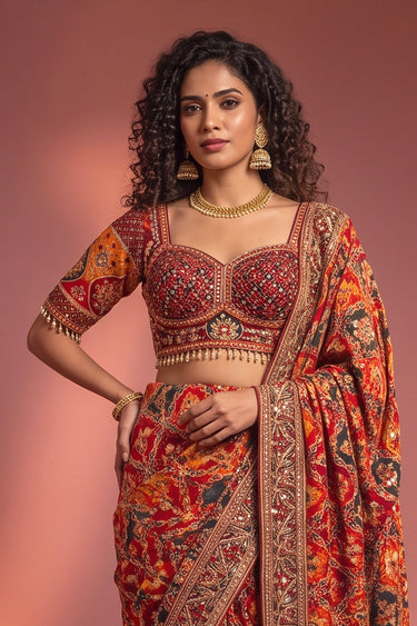 Heritage Crepe Luxury Bridal Red Saree With Heavy Work Readymade Blouse
