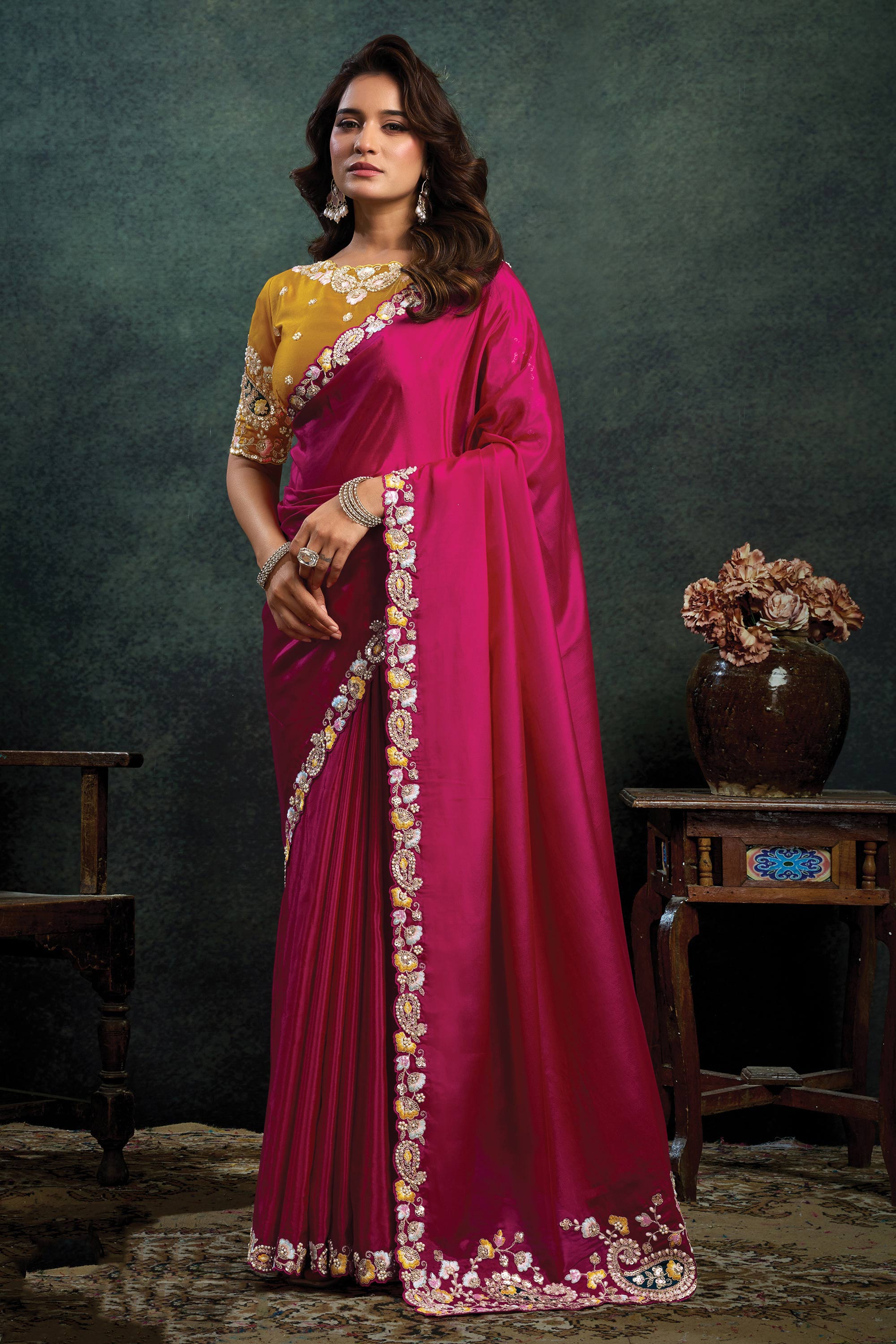 Satin Silk Embroidered Border Work Rani Wedding Wear Saree – Sarees Bazaar