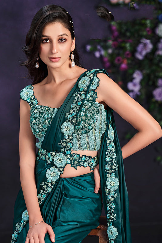 Teal Color Border Work On Satin Silk Fabric Beatific Ready To Wear Saree