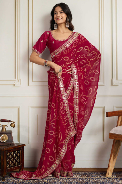 Pink Bandhani Print Georgette Function Wear Saree With Blouse