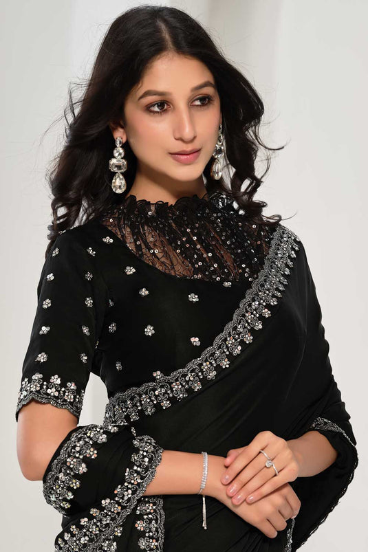 Excellent Crepe Satin Silk Fabric Black Color Saree