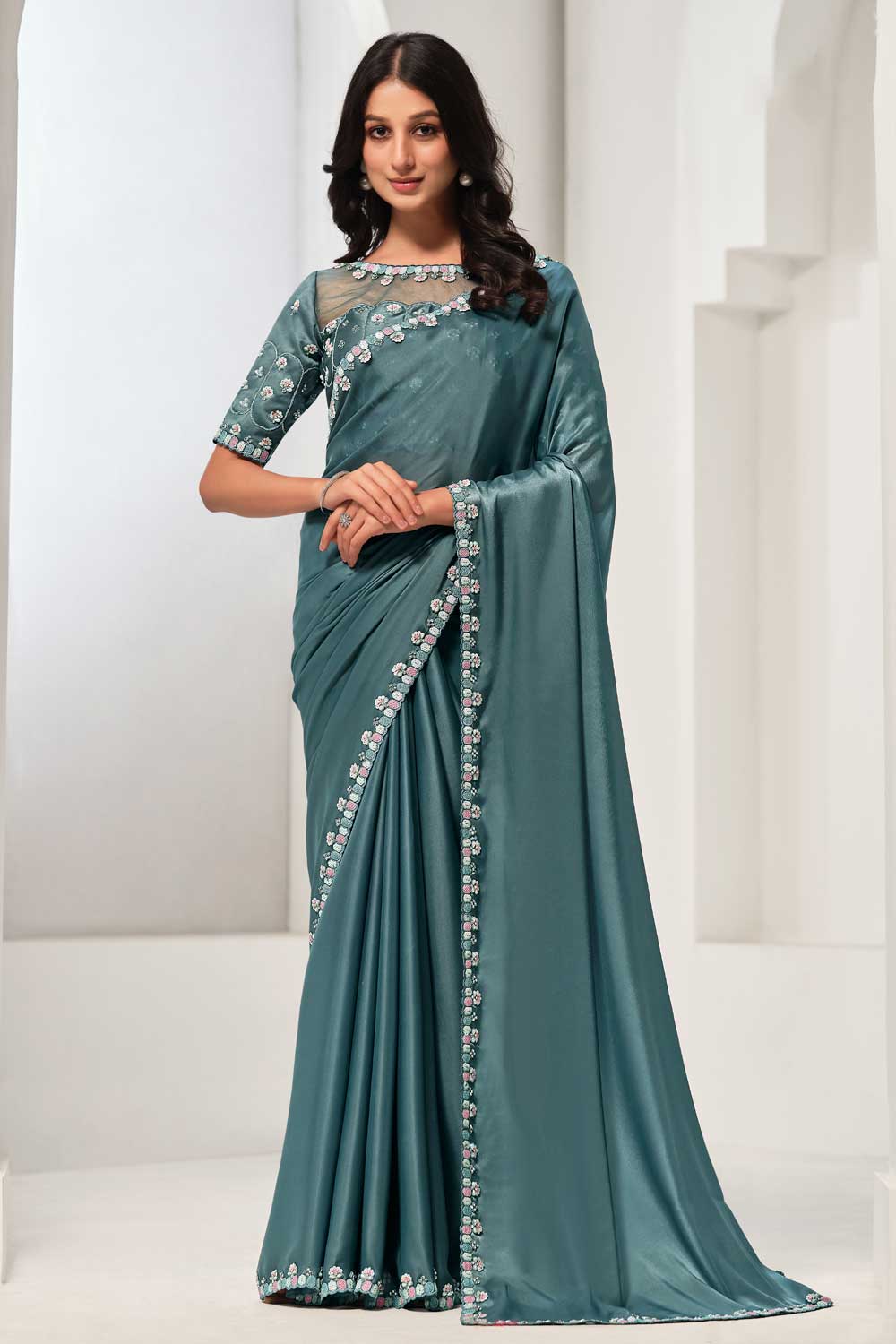 Sarice Color Incredible Crepe Satin Silk Fabric Sea Green Color Saree – Sarees Bazaar