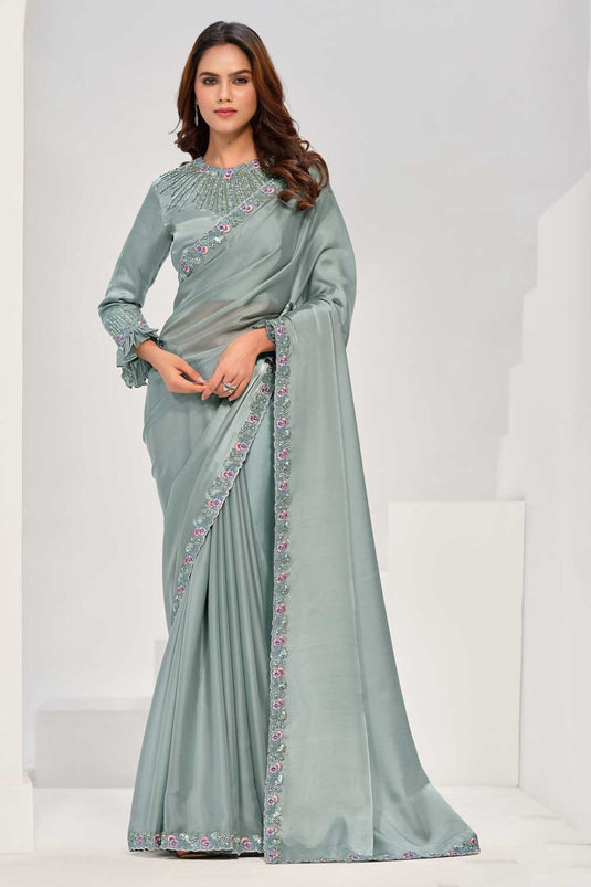 Delicate Crepe Satin Silk Fabric Sea Green Color Saree