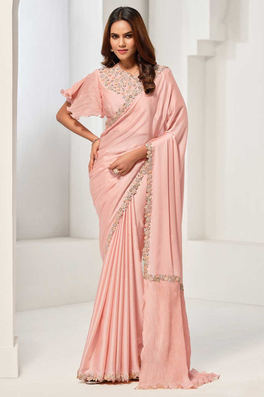 Engaging Peach Color Crepe Satin Silk Fabric Saree