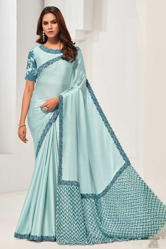 Amazing Light Cyan Color Crepe Satin Silk Fabric Saree