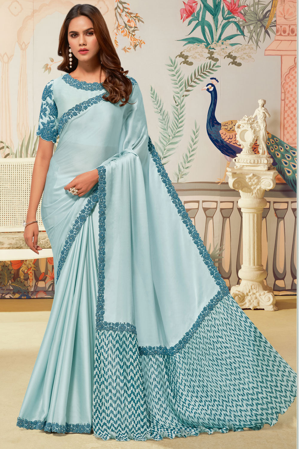 Sky Blue Color Border Work Engaging Satin Silk Fabric Saree – Sarees Bazaar