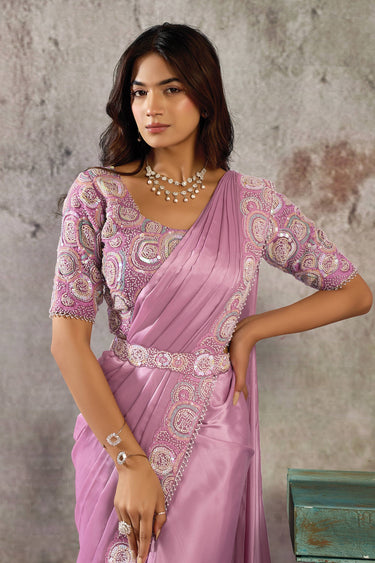 Pink Function Wear Satin Embroidered Border Work Readymade Saree