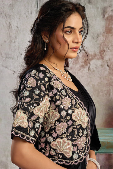 Embroidered Border Work Satin Black Readymade Saree For Function Wear