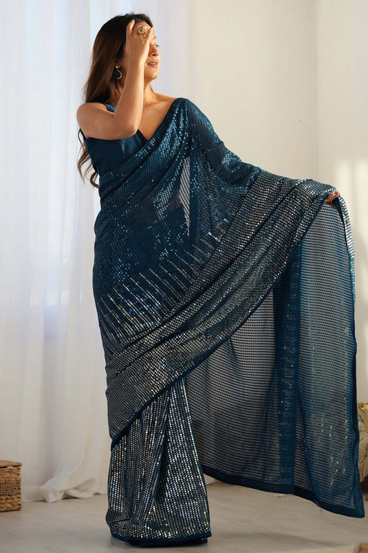 Georgette Teal Sequins Work Saree