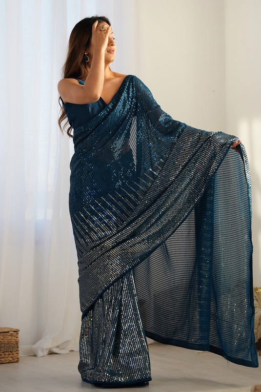 Georgette Teal Sequins Work Saree