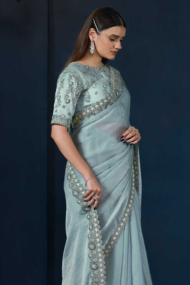 Light Cyan Two Tone Satin Silk Moti Pure Handwork Saree With Unstitched Blouse