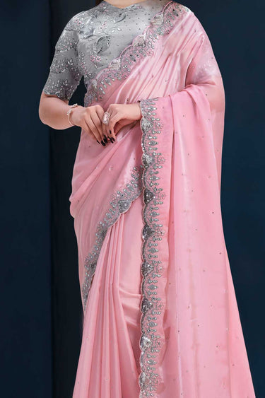 Pink Crepe Satin Silk Embroidered Stone Work Saree With Unstitched Blouse