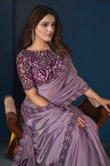 Purple Crepe Satin Silk Embroidered Stone Work Saree With Unstitched Blouse