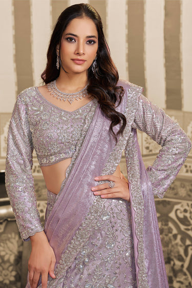 Satin Sequins Work Lavender Ready To Wear Lehenga Saree For Wedding Wear