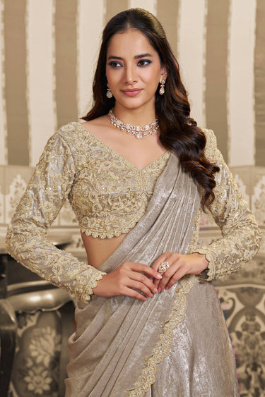 Cream Sequins Work Satin Ready To Wear Lehenga Saree For Wedding Wear