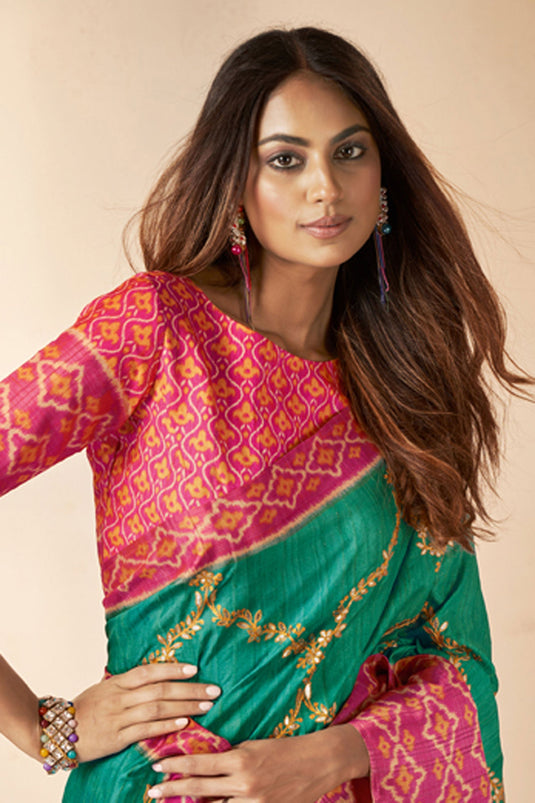 Awesome Bhagalpuri Silk Fabric Saree In Sea Green Color