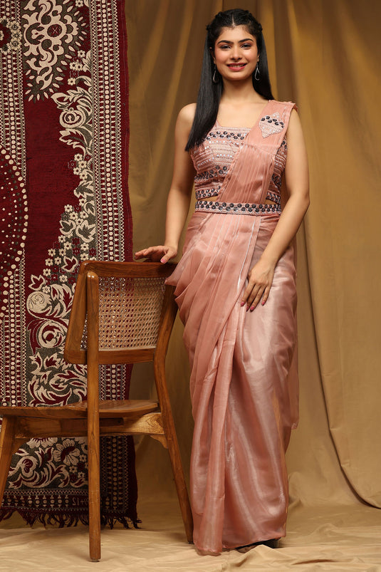 Imposing Organza Fabric Ready To Wear Saree In Peach Color