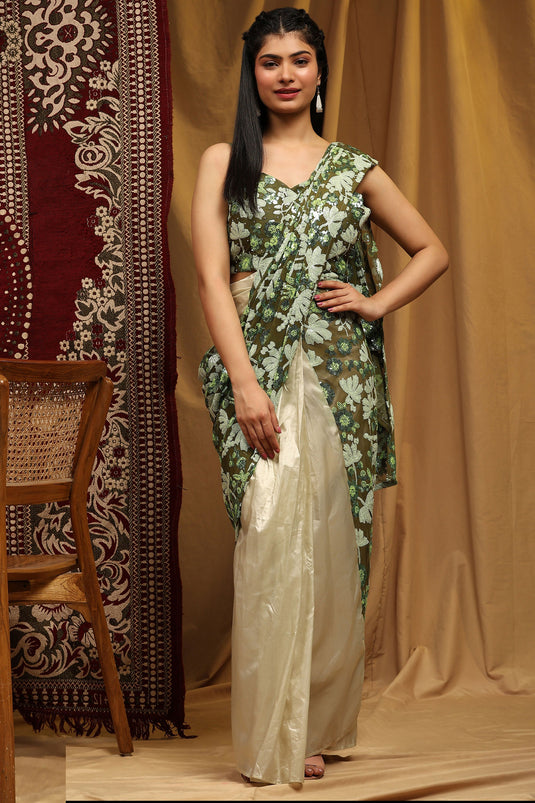 Organza Silk Fabric Green Color Riveting Ready To Wear Saree