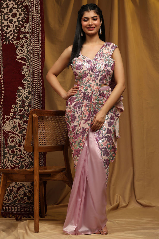 Organza Silk Fabric Pink Color Excellent Ready To Wear Saree