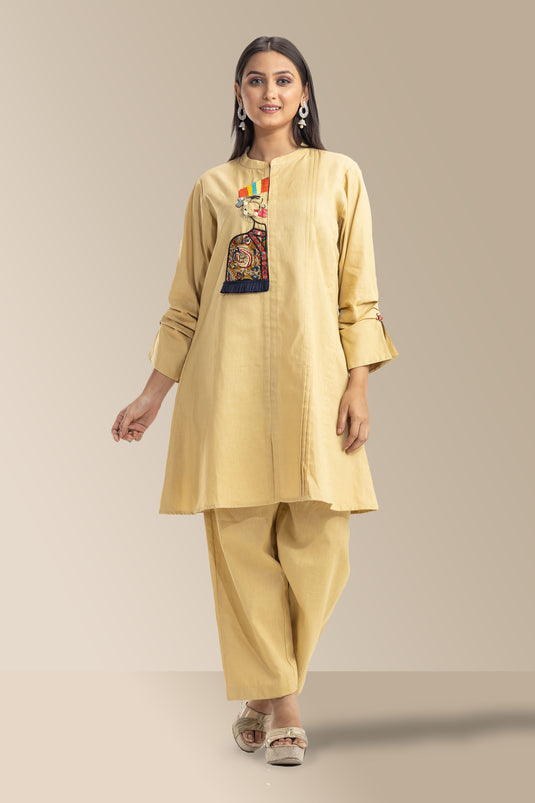 Exclusive Beige Color Cotton Fabric Solid Plain Relaxed Sleeves Readymade Co Ord Set