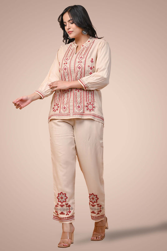 Exclusive Beige Color Cotton Fabric Embroidered Relaxed Sleeves Readymade Co Ord Set