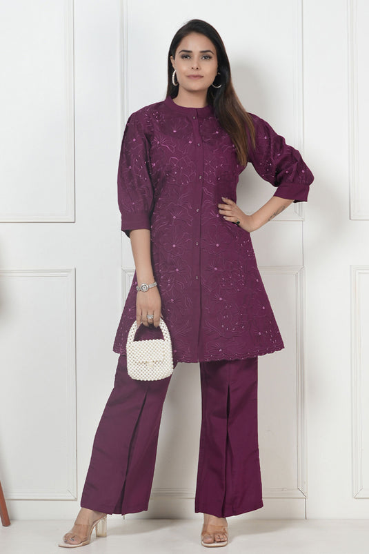 Exclusive Purple Wine Embroidered Viscose Tunic With Pant