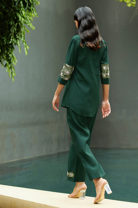 Exclusive Bottle Green Embroidered Shirt With Pant