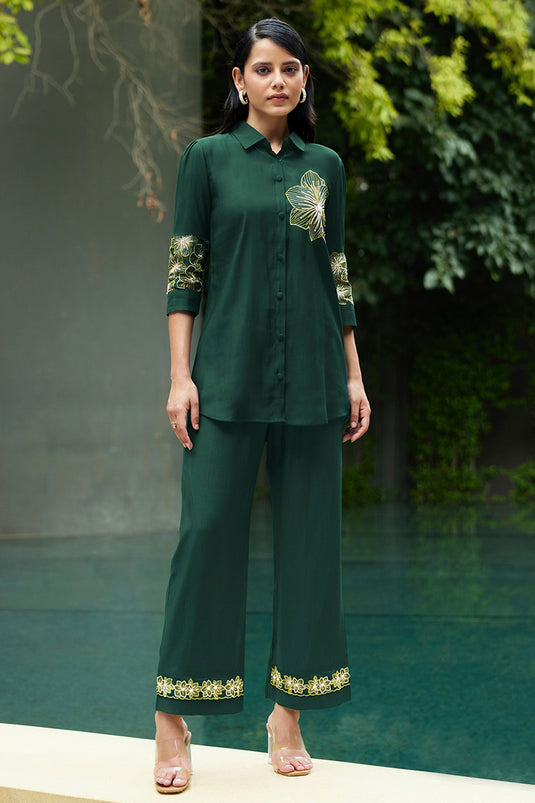 Exclusive Bottle Green Embroidered Shirt With Pant