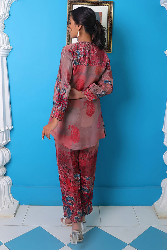 Exclusive Mauve Pink Floral Printed Tunic And Trouser Set