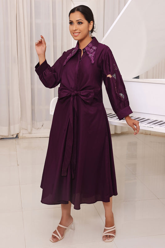 Exclusive Purple Embroidered Cotton Flared Dress