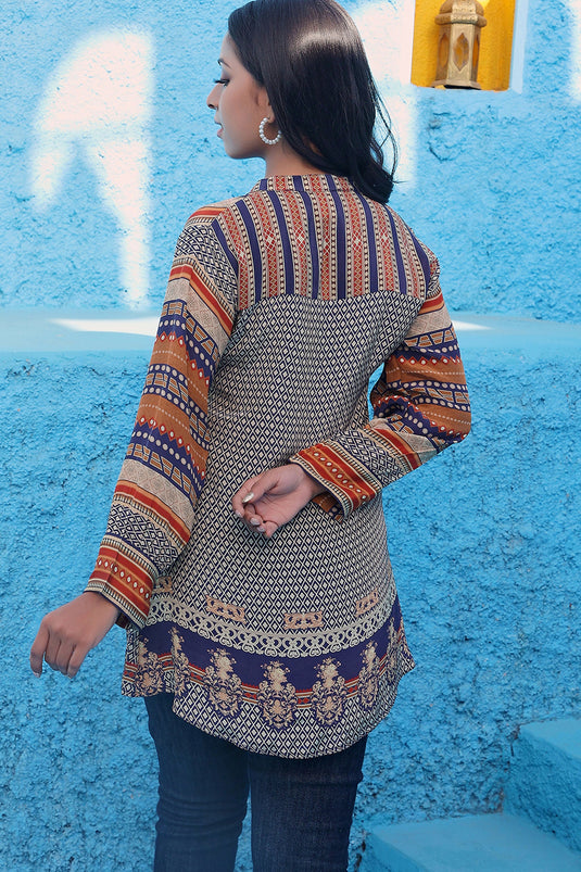 Exclusive Orange And Blue Printed Muslin Tunic