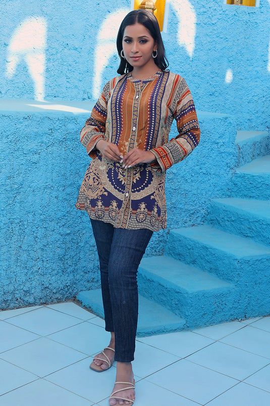 Exclusive Orange And Blue Printed Muslin Tunic