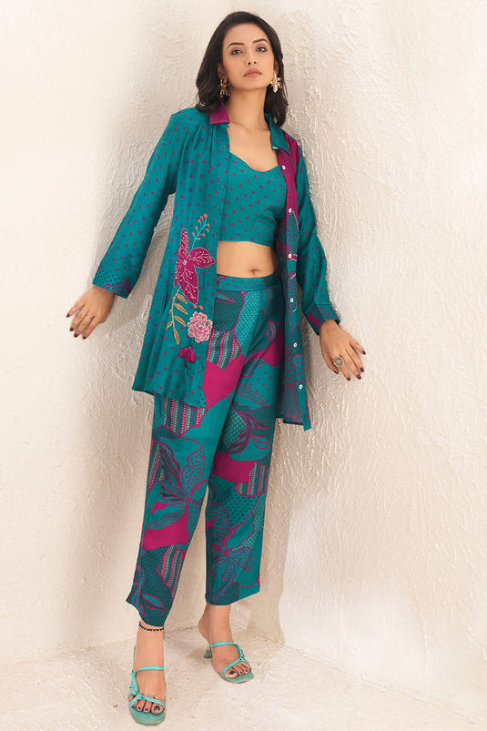 Exclusive Teal Blue Sequins 3 Piece Co Ord Set With Camisole